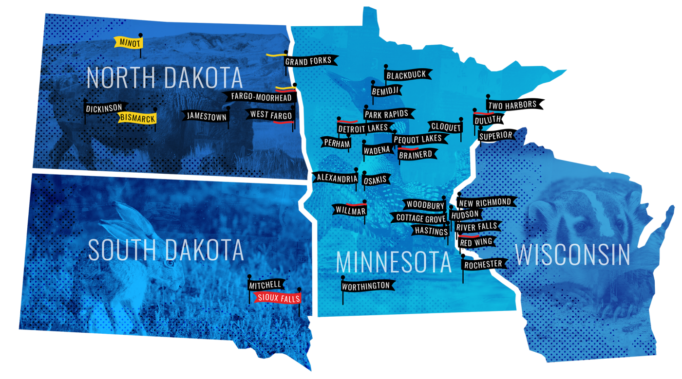 Map of North Dakota, South Dakota, Minnesota and Wisconsin